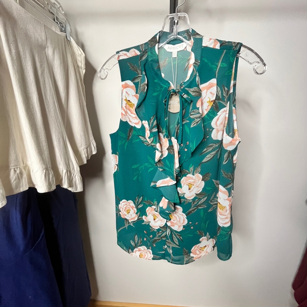 APRICOT Teal Floral Ruffle Tie-Neck Sleeveless Blouse